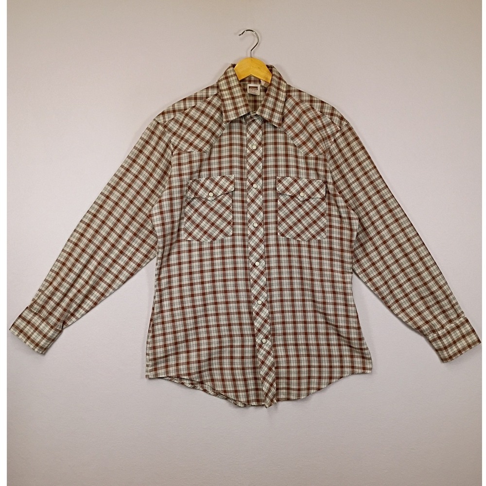 Vintage Western Montgomery Ward Mens Medium Brown Plaid Pearl Snap Shirt LS